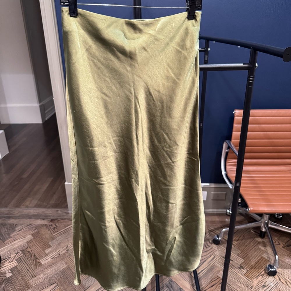 Camila Coelho Olive Satin Bias Midi Skirt